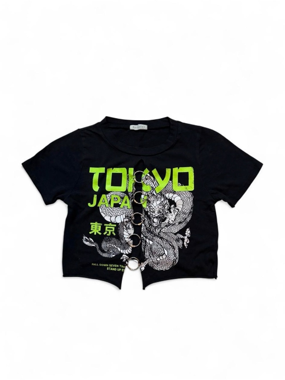 Black Crop Top With Dragon Tokyo Japan Design & Silver Rings in Between